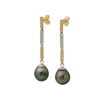 14K YELLOW AND WHITE GOLD PENDANT EARRINGS WITH TAHITIAN PEARLS 