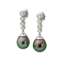 14K WHITE GOLD PENDANT EARRINGS WITH TAHITIAN PEARLS AND DIAMONDS 