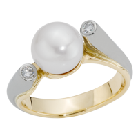 BAGUE PERLE ET DIAMANTS OR 14K JAUNE ET BLANC