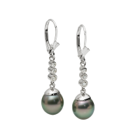 BOUCLES D'OREILLES PENDANTES PERLES DE TAHITI ET DIAMANTS OR 14K BLANC